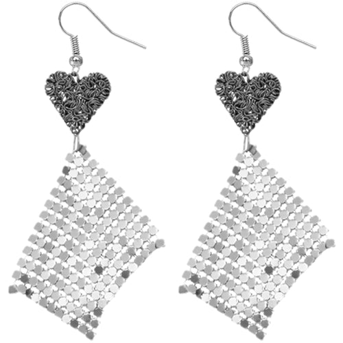 Gray Silver Heart Mesh Dangle Earrings