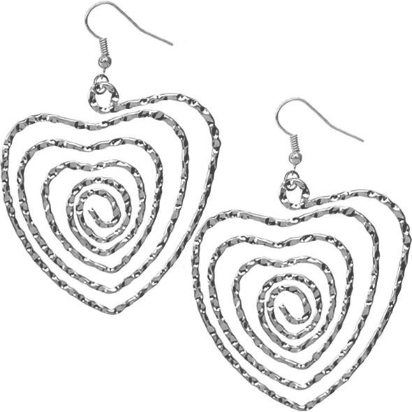 Silver Hammered Spiral Coil Maze Heart Earrings