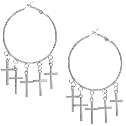 Silver Cross Round Hoop Earrings