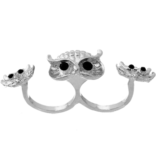 Silver Hoot Owl Double Cuff Finger Ring