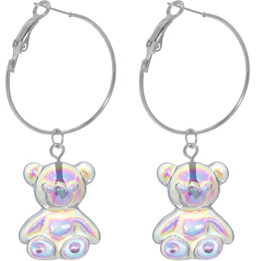 Silver Clear Iridescent Bear Mini Hoop Earrings