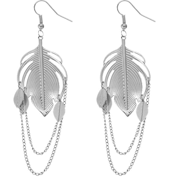 Silver Long Leaf Earrings