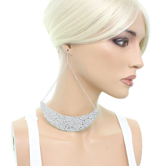 Silver Hammered Crescent Drop Chain Earrings