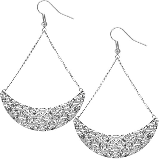 Silver Hammered Crescent Drop Chain Earrings