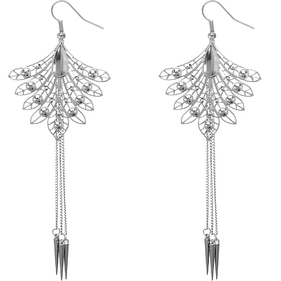 Silver Long Spike Chain Peacock Earrings