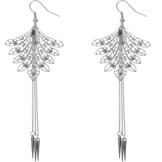 Silver Long Spike Chain Peacock Earrings