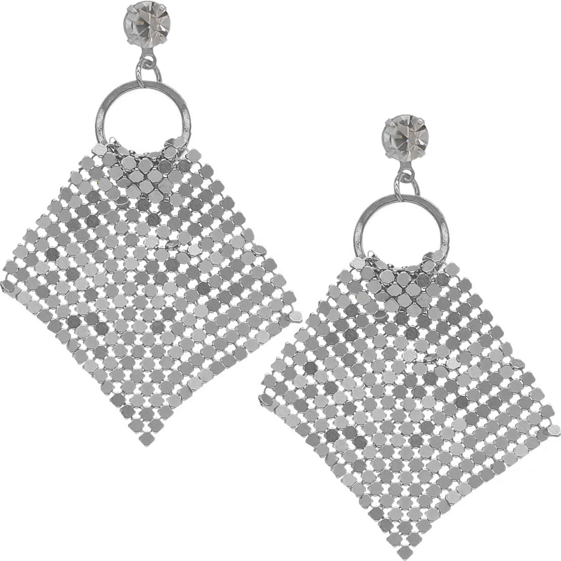 Silver Mesh Rhinestone Dangle Hoop Earrings