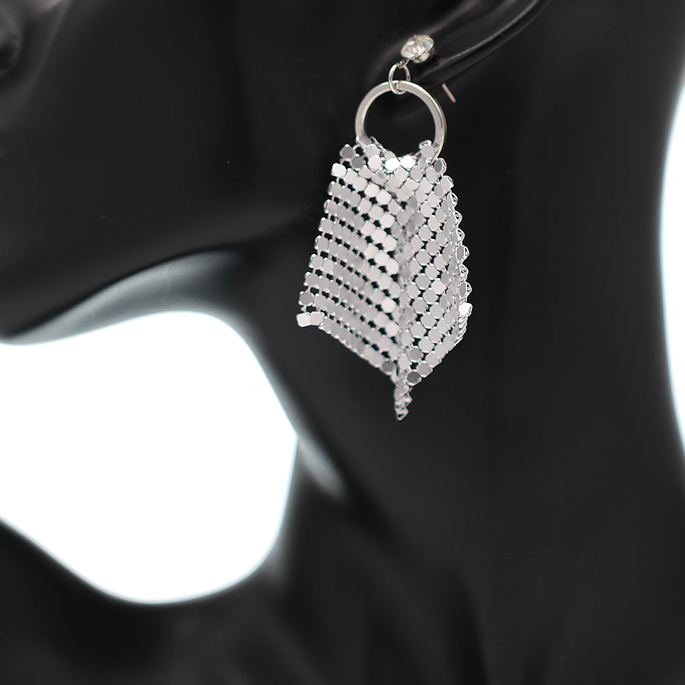 Silver Mesh Rhinestone Dangle Hoop Earrings