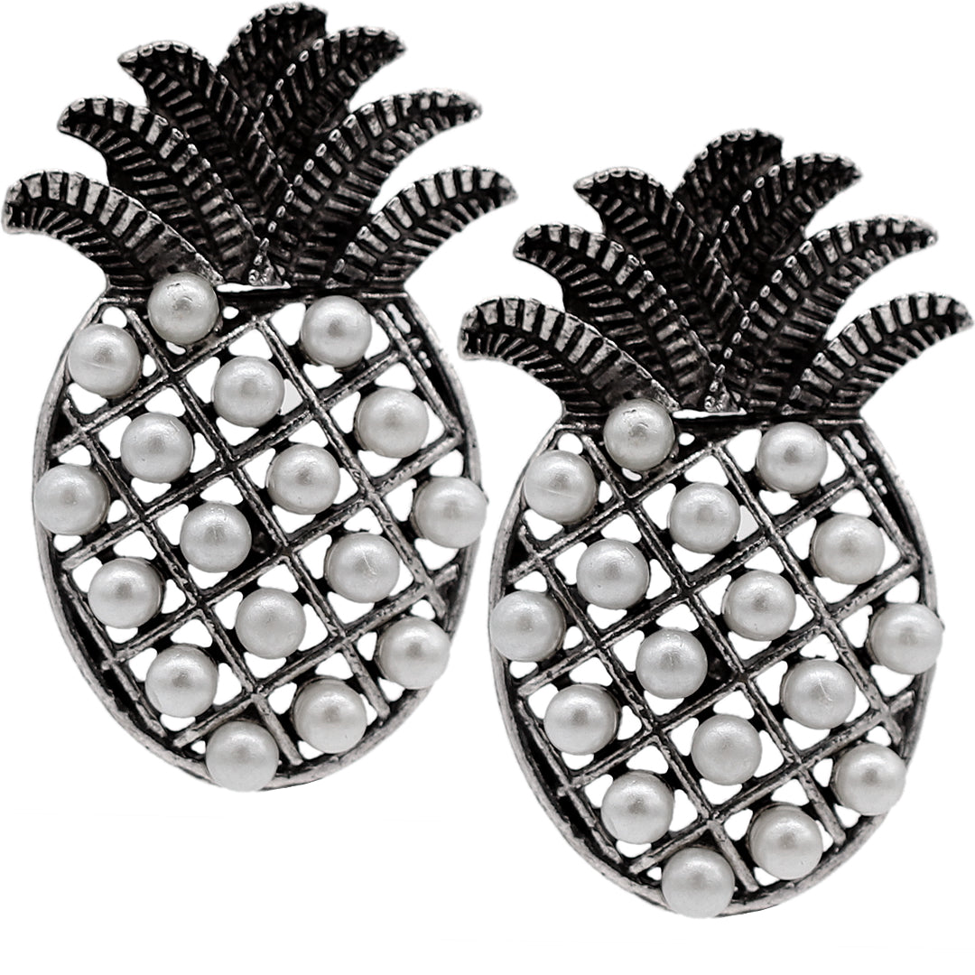 Silver Pineapple Faux Pearl Post Earrings