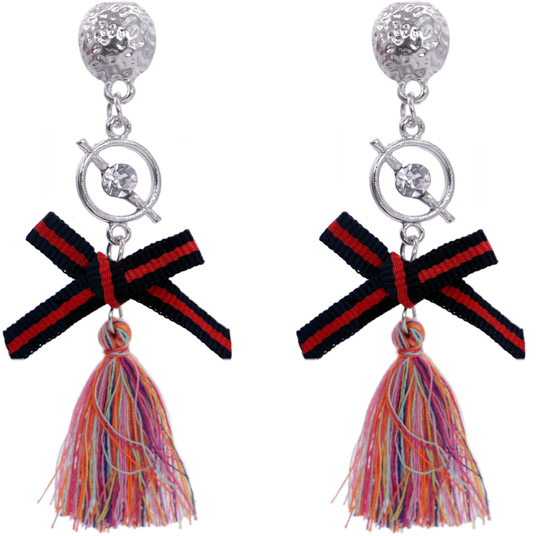 Pink Multicolor Ribbon Bow Tassel Dangle Earrings