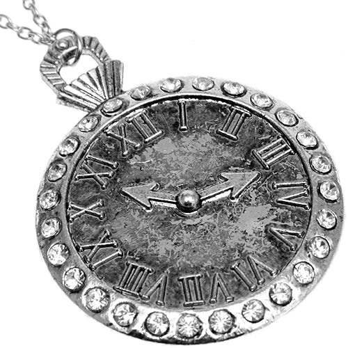 Silver Roman Numeral Chain Clock Charm Necklace
