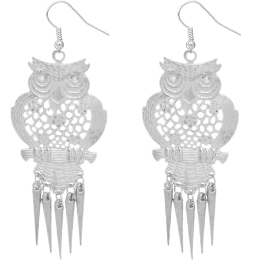 Silver Long Spike Hoot Owl Earrings