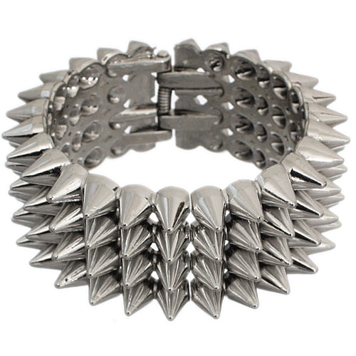 Silver Three Row Cone Spike Hinged Bracelet