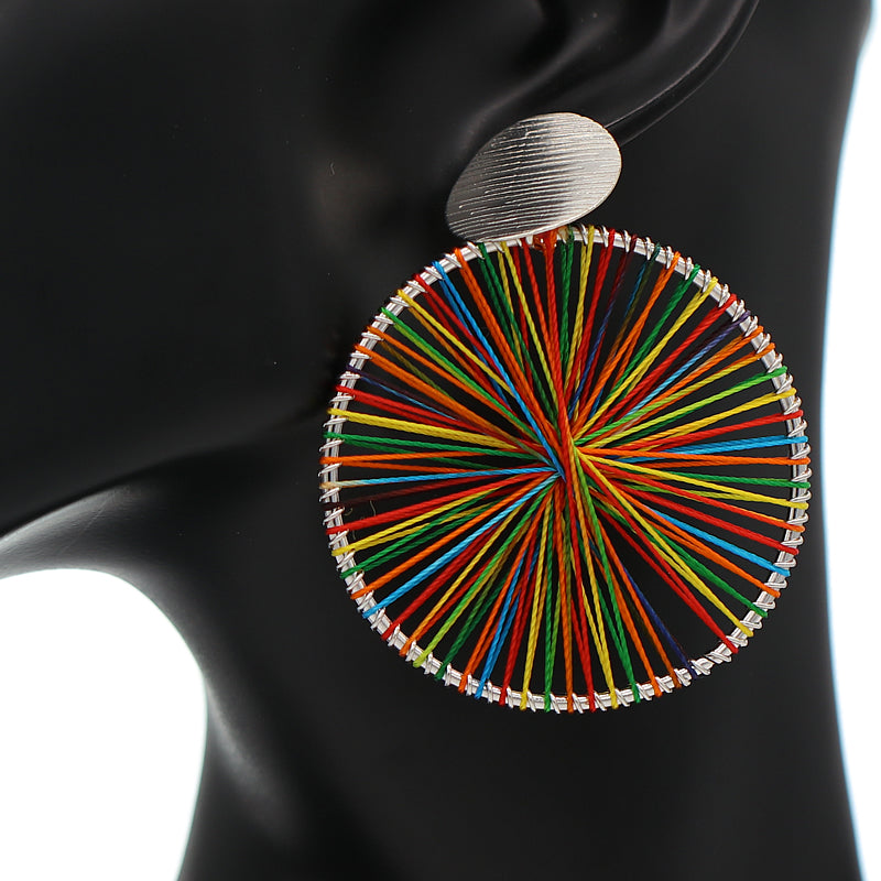 Silver Multicolor Thread String Woven Earrings