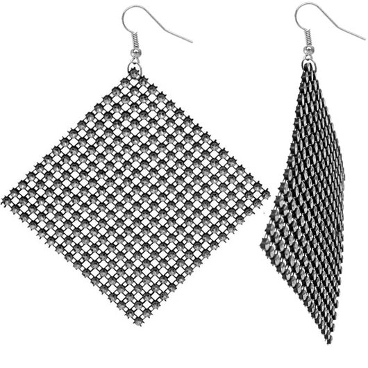 Silver Black Flat Rhinestone Mesh Earrings