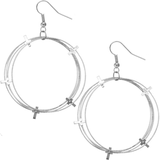 Silver Multi Layered Cross Hoop Earrings
