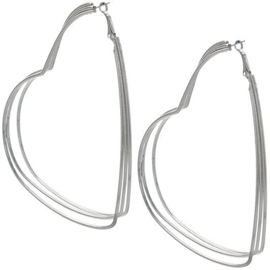 Silver Triple Heart Hoop Earrings