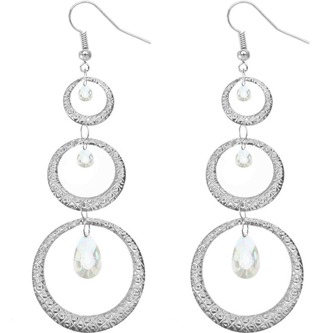 Silver Long Triple Hoop Gemstone Earrings