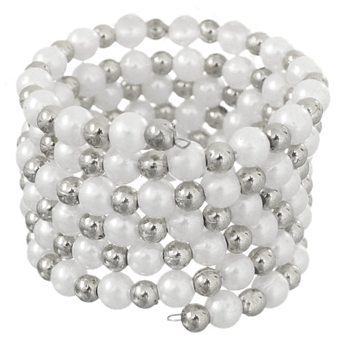 Silver White Faux Pearl Coil Stretch Bracelet