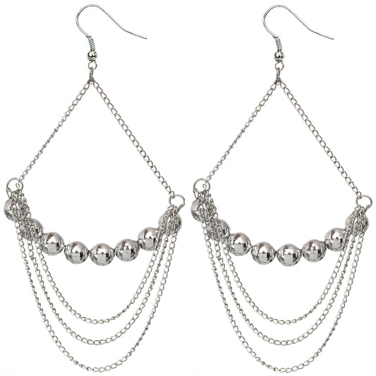 Silver Beaded Drop Chain Triangle Earrings