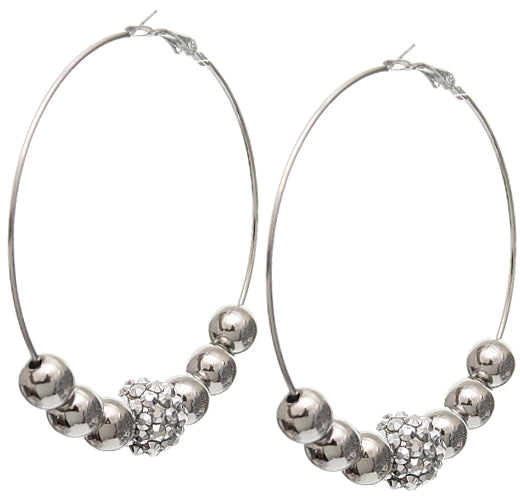 Silver Beaded Rhinestone Fireball Hoop Earrings