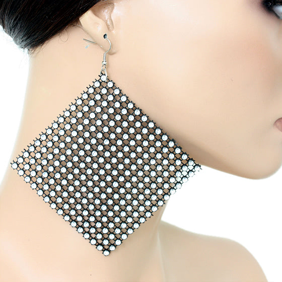 Silver Black Flat Rhinestone Mesh Earrings