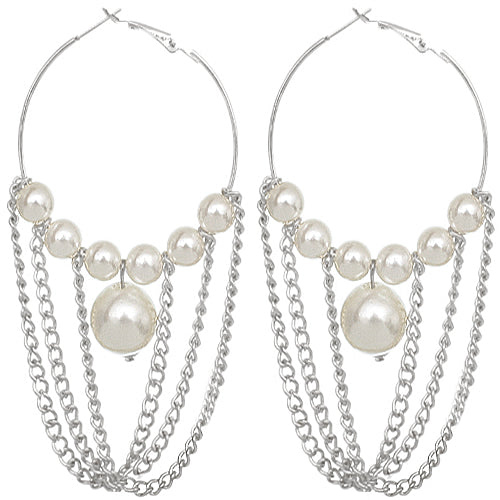 Silver Faux Peal Drop Chain Hoop Earrings