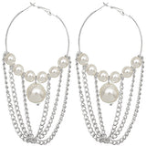 Silver Faux Peal Drop Chain Hoop Earrings