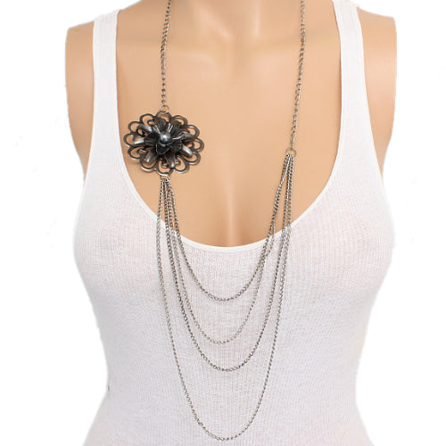 Silver Floral Layered Chain Necklace Set