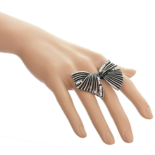 Silver Twist Rhinestone Bow Adjustable Ring