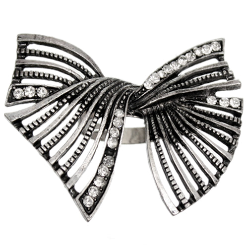 Silver Twist Rhinestone Bow Adjustable Ring