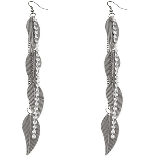 Silver Rhinestone Drop Chain Leaf Earrings