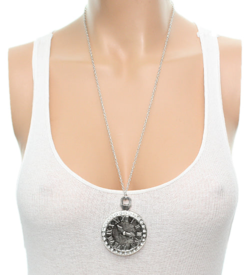 Silver Roman Numeral Chain Clock Charm Necklace