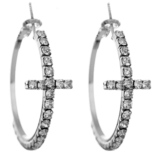 Silver Studded Gemstone Cross Hoop Earrings