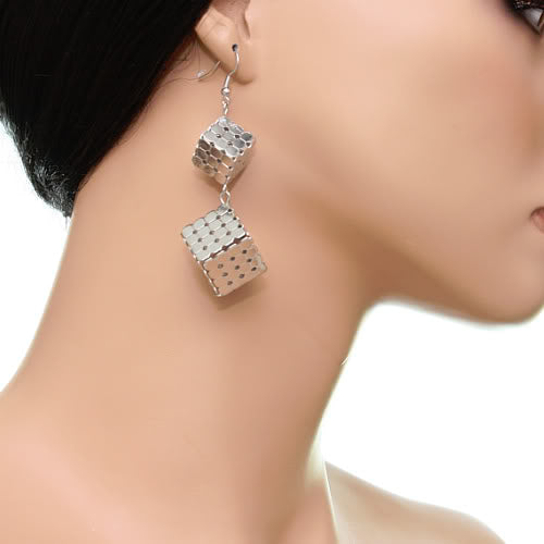 Silver Geometric Cuboid Dice Dangle Earrings