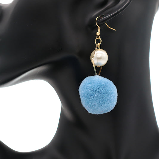 Sky Blue Pom Pom Rhombus Shaped Dangle Earrings
