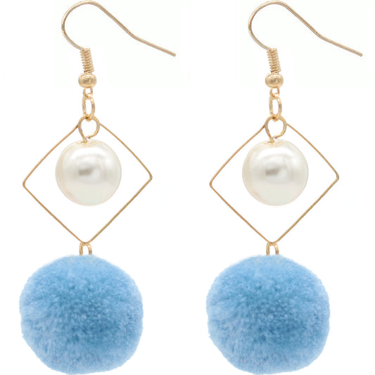 Sky Blue Pom Pom Rhombus Shaped Dangle Earrings