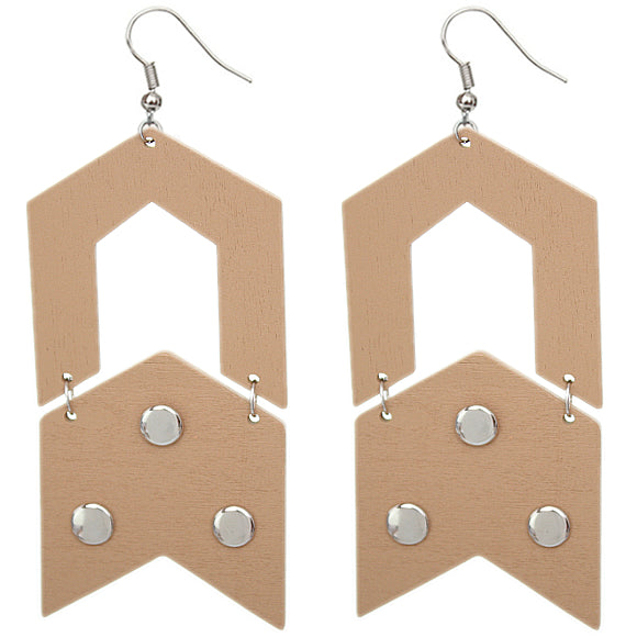 Tan Wooden Open Geometric Link Earrings