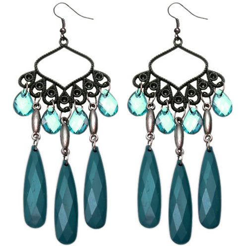 Teal Beaded Dangle Chandelier Earrings