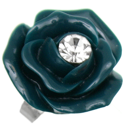 Teal Blue Centered Rhinestone Flower Adjustable Ring