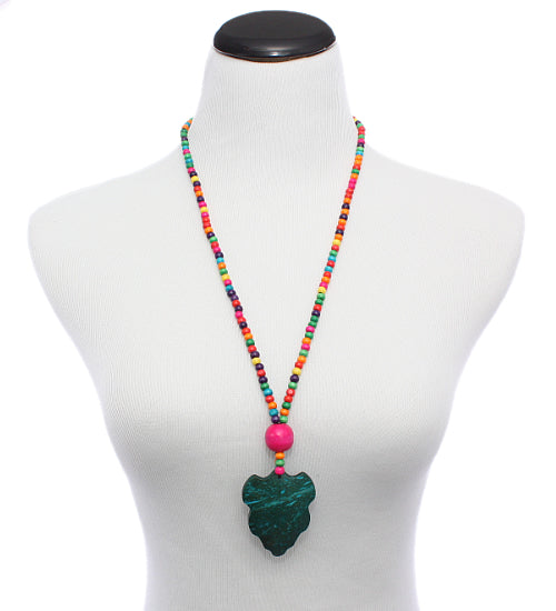Teal Multicolor Wooden Beaded Leaf Charm Necklace
