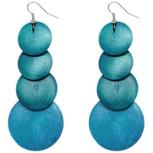 Teal Blue Wooden Round Disc Cascade Earrings