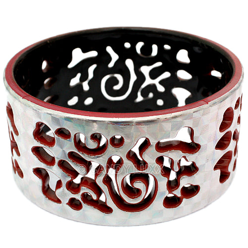 Terracotta Silver Cutout Chinese Textured Bangle Bracelet