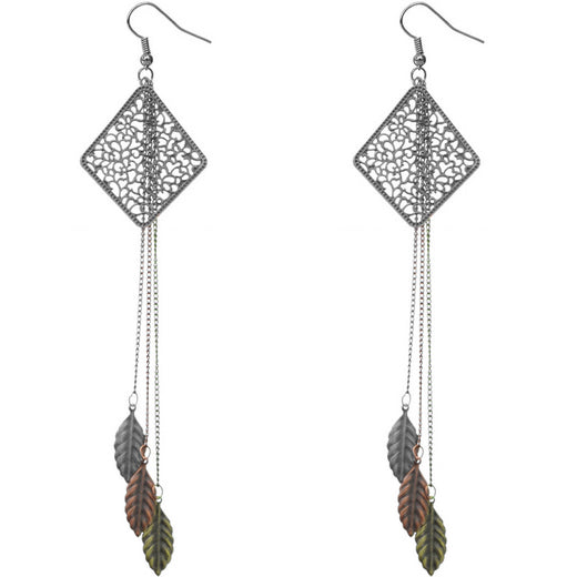 Silver Tricolor Filigree Caged Leaf Chain Earrings