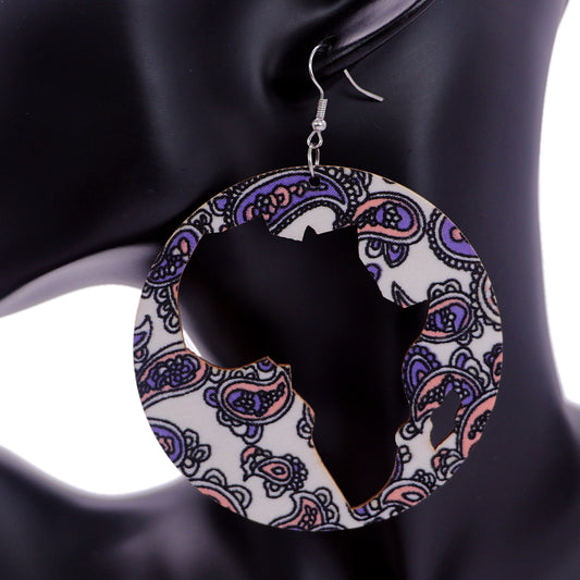 White Wooden Cutout Africa Shape Paisley Earrings