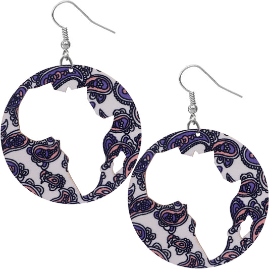 White Wooden Cutout Africa Shape Paisley Earrings