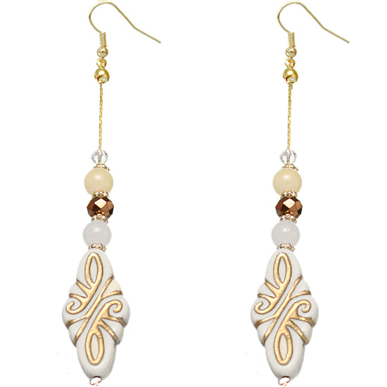 White Ethnic Carved Pattern Bead Drop Earrings