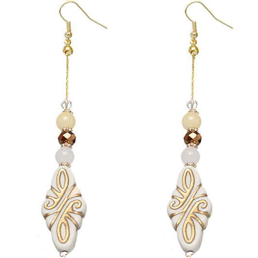 White Ethnic Carved Pattern Bead Drop Earrings