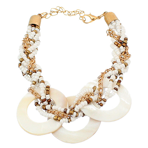 White Beaded Circular Shell Chain Link Bracelet