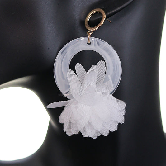 White Chiffon Open Circle Drop Earrings